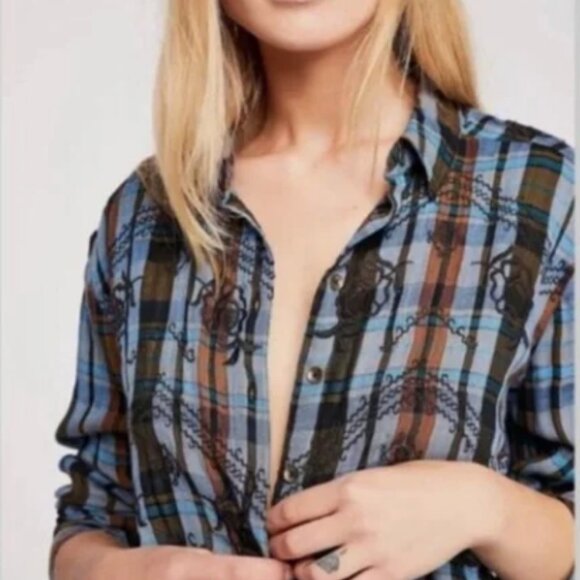 Free People Magical Plaid Embroidered Button Down Plaid Shirt - Blue and Brown - Picture 6 of 8